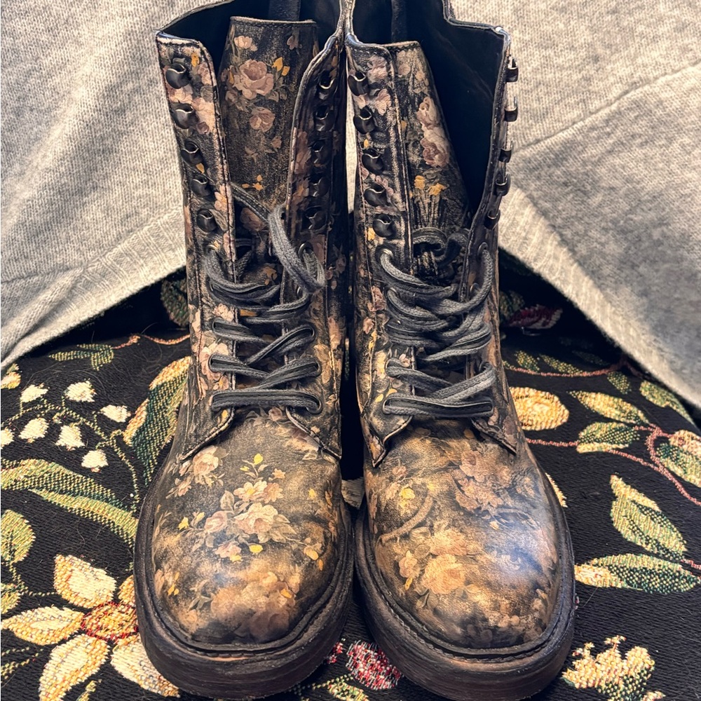 Free People Floral Combat Boots in Black with Pink and Yellow Accents